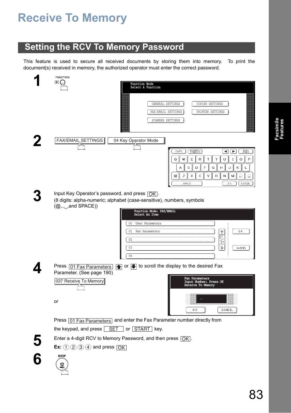 Receive to memory, Setting the rcv to memory password | Panasonic DP-8025 User Manual | Page 83 / 240