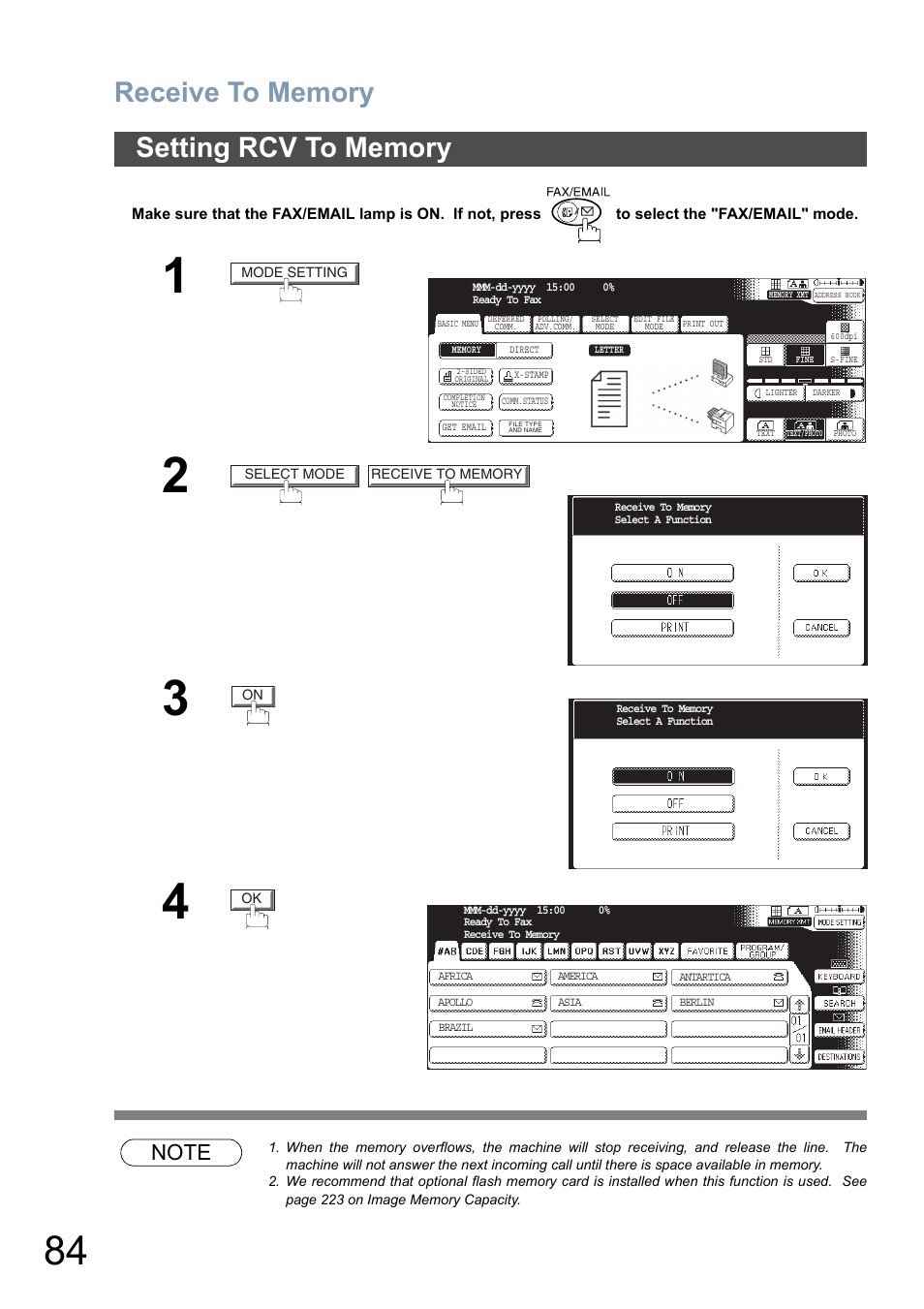 Setting rcv to memory | Panasonic DP-8025 User Manual | Page 84 / 240