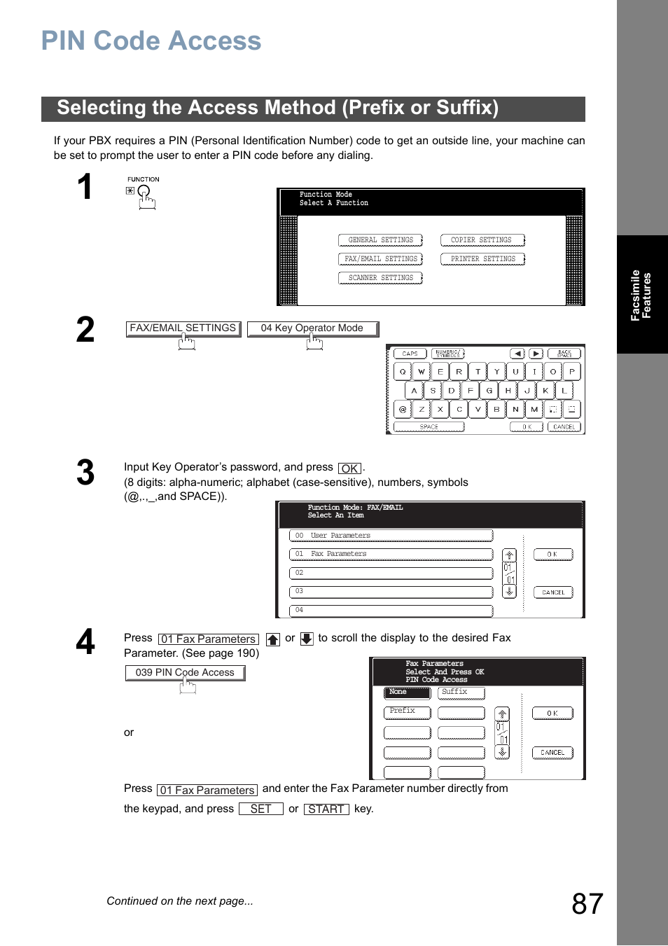 Pin code access, Selecting the access method (prefix or suffix) | Panasonic DP-8025 User Manual | Page 87 / 240