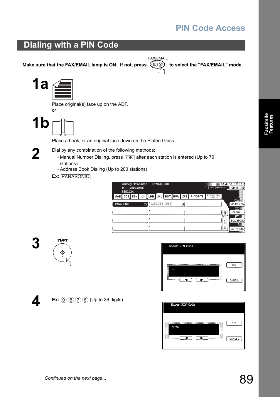 Dialing with a pin code, Pin code access | Panasonic DP-8025 User Manual | Page 89 / 240