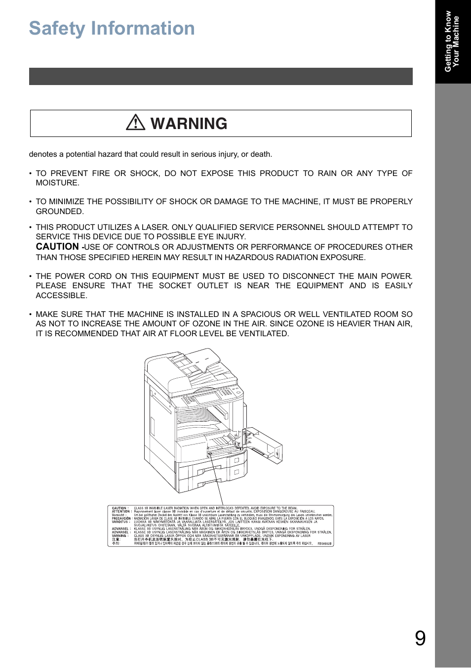 Getting to know your machine, Safety information, Warning | Panasonic DP-8025 User Manual | Page 9 / 240