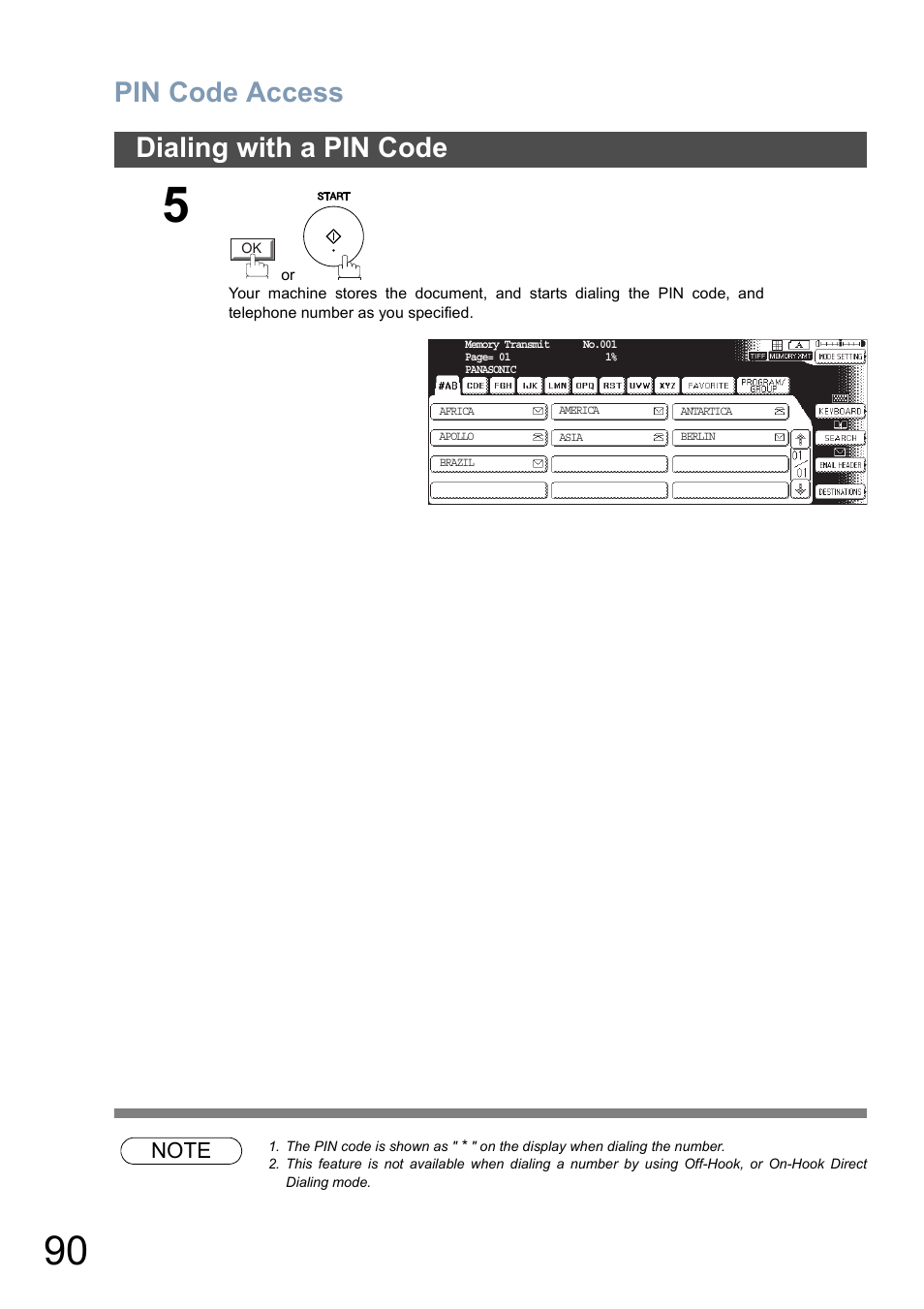 Pin code access, Dialing with a pin code | Panasonic DP-8025 User Manual | Page 90 / 240