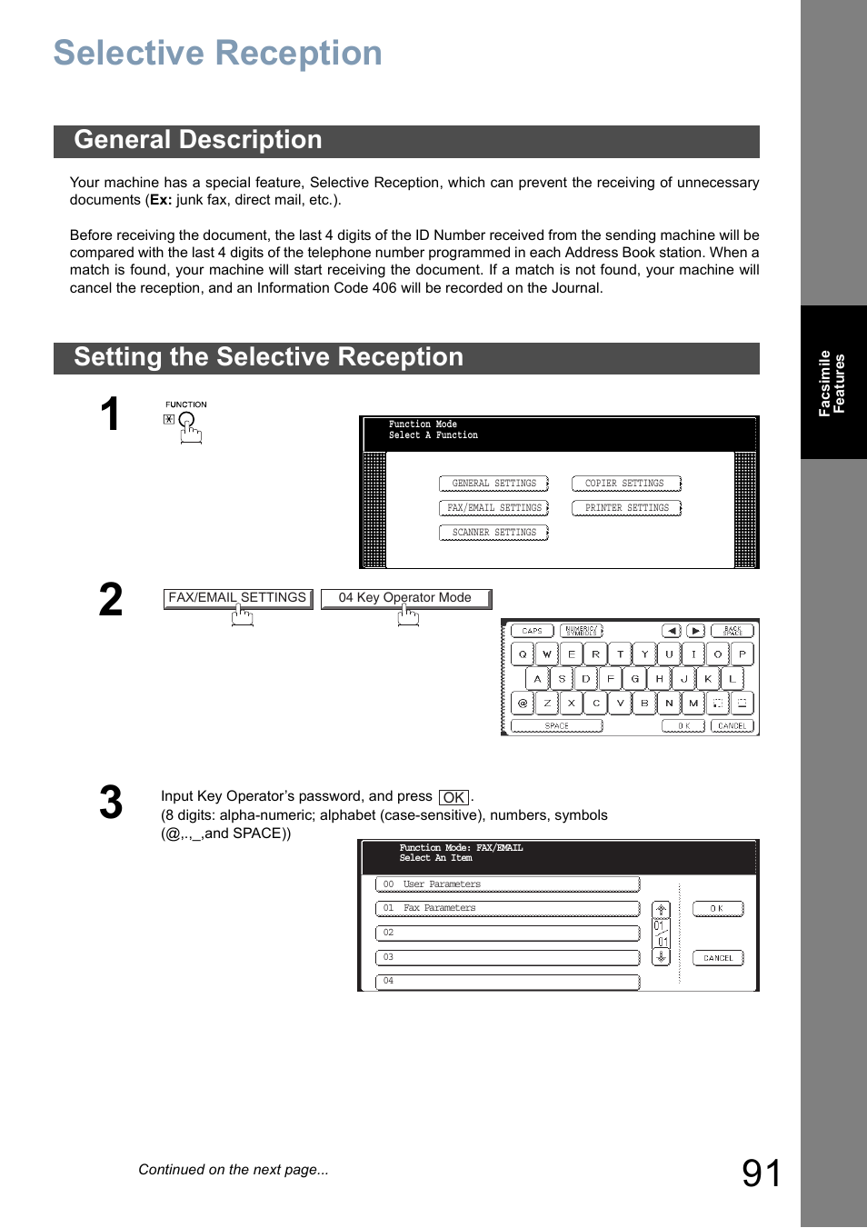 Selective reception, General description, Setting the selective reception | Panasonic DP-8025 User Manual | Page 91 / 240