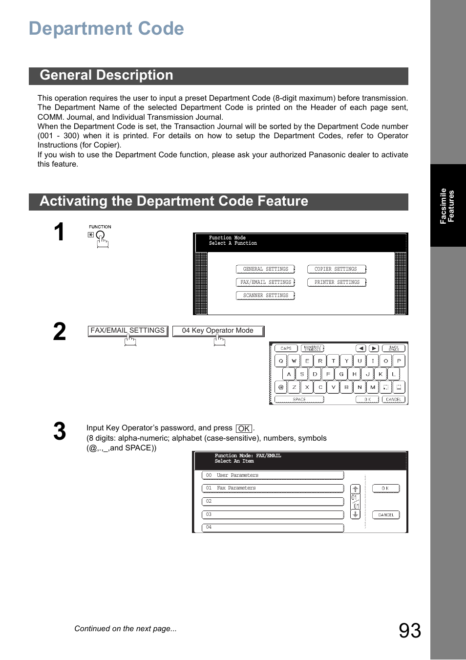 Department code, General description, Activating the department code feature | Panasonic DP-8025 User Manual | Page 93 / 240