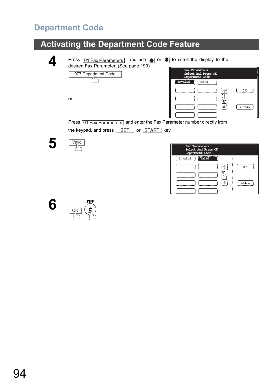 Department code, Activating the department code feature | Panasonic DP-8025 User Manual | Page 94 / 240