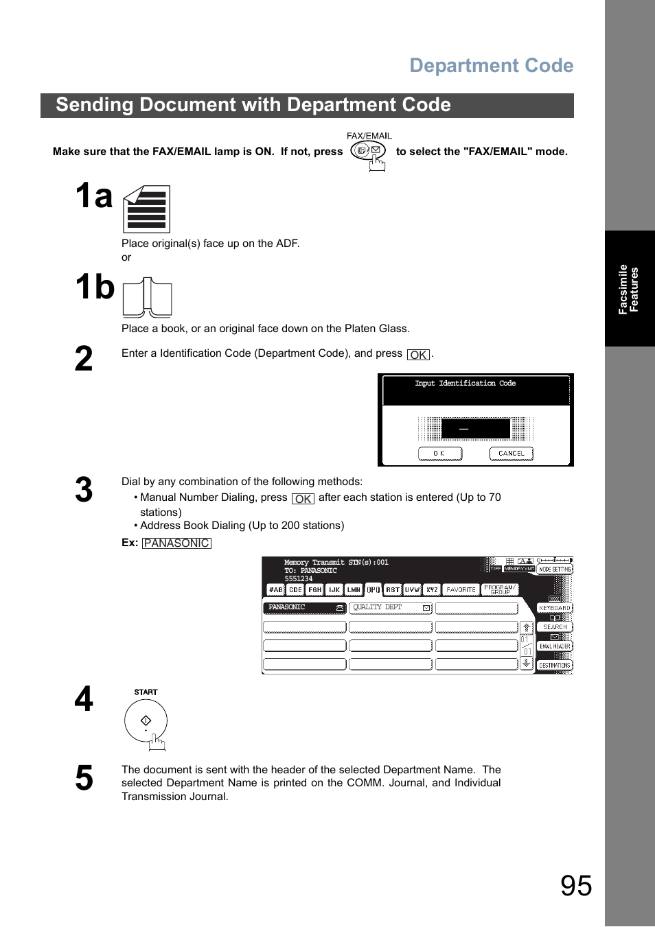 Sending document with department code, Department code | Panasonic DP-8025 User Manual | Page 95 / 240
