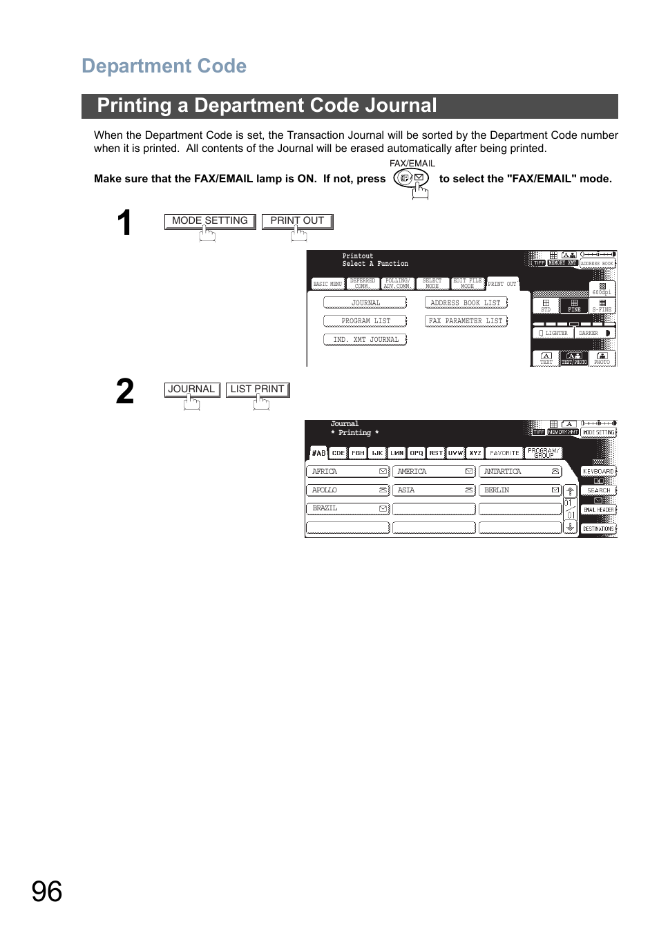 Printing a department code journal, Department code | Panasonic DP-8025 User Manual | Page 96 / 240