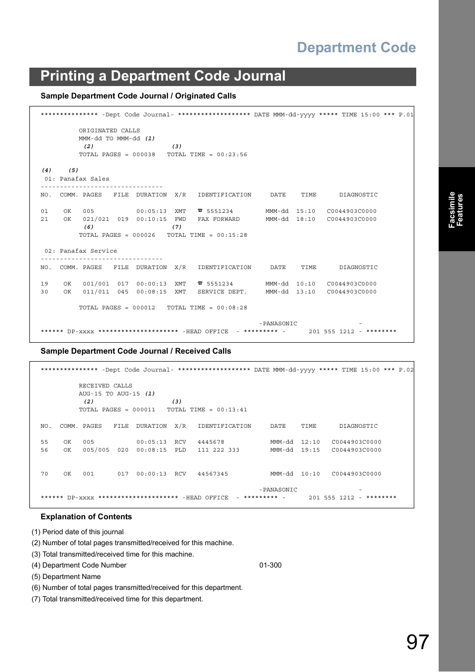 Department code, Printing a department code journal | Panasonic DP-8025 User Manual | Page 97 / 240