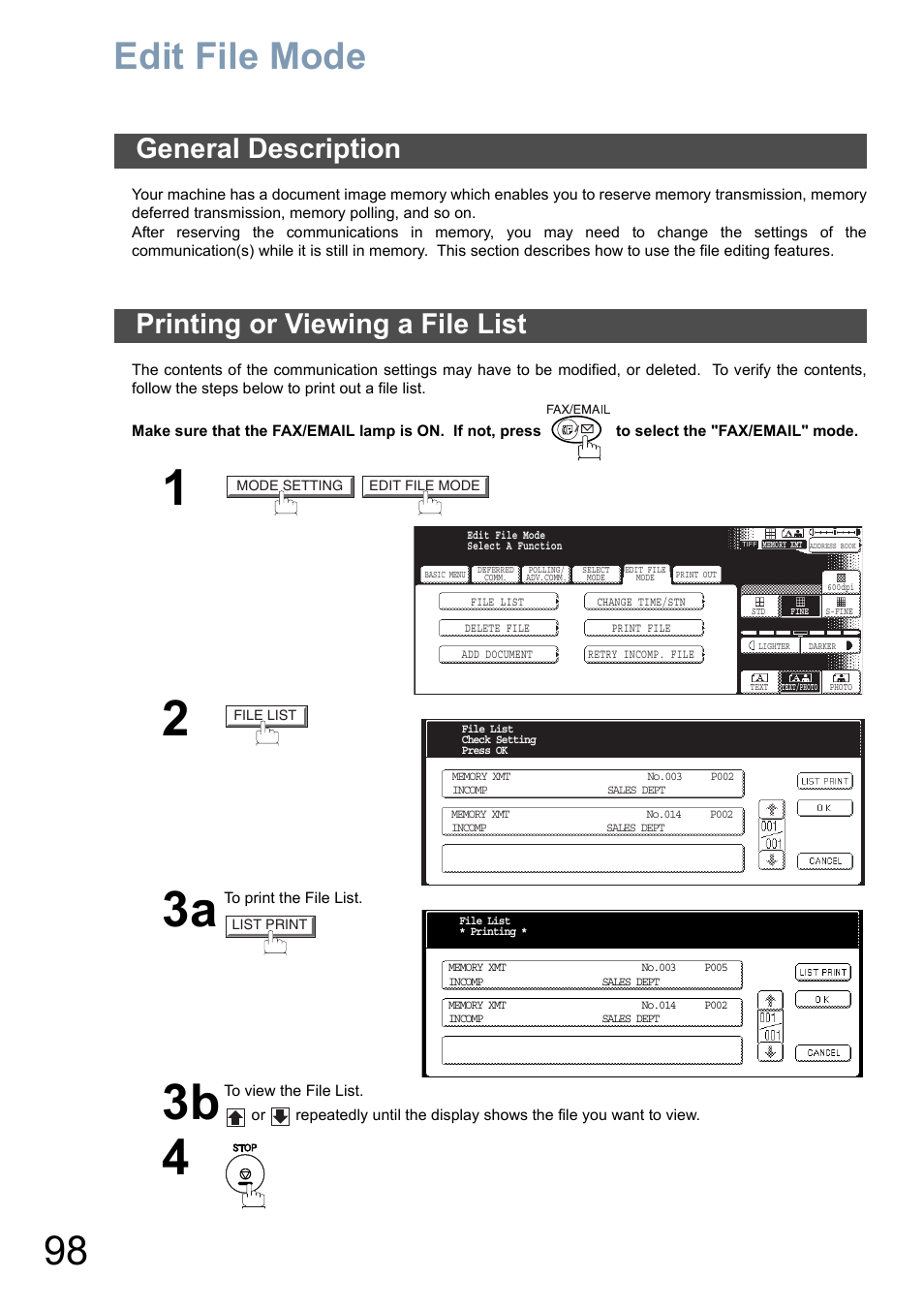 Edit file mode, General description, Printing or viewing a file list | Facsimile features, Ge 98) | Panasonic DP-8025 User Manual | Page 98 / 240