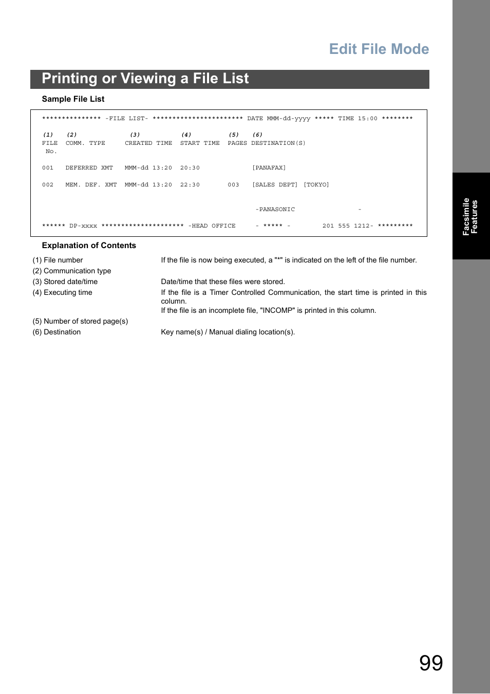 Edit file mode, Printing or viewing a file list | Panasonic DP-8025 User Manual | Page 99 / 240