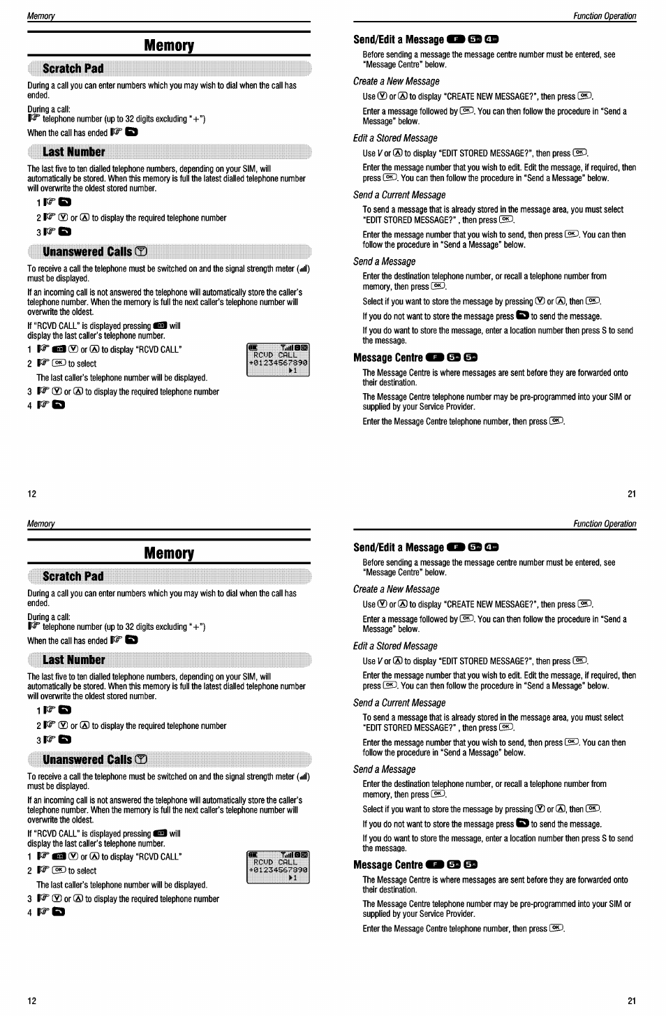 Memory, Scratch pad, Last number | Sprbs, Unanswered calls s) | Panasonic EB-G500 User Manual | Page 16 / 40