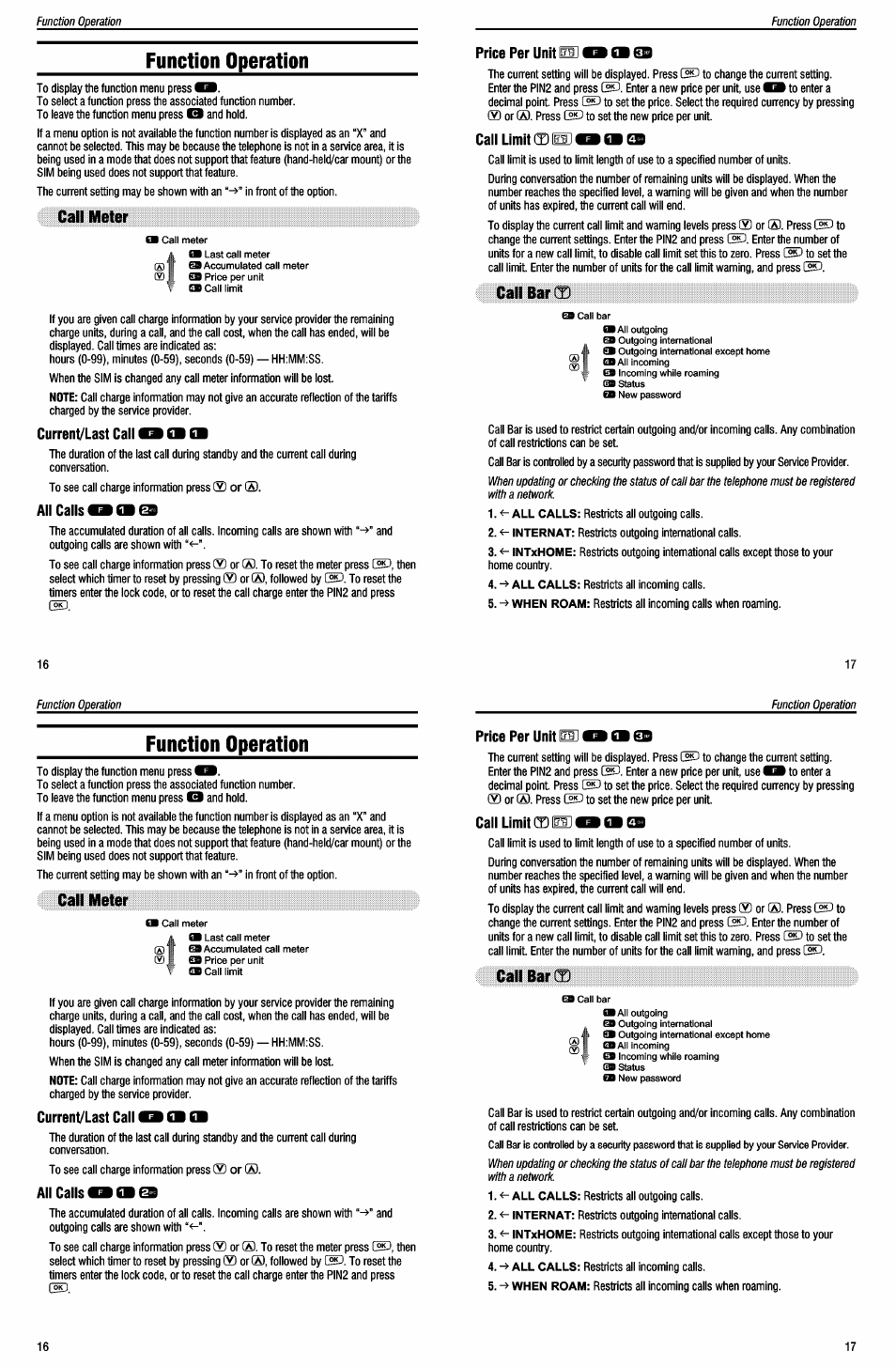 Function operation, Call meter, Current/last call ms sb sb | All calls bb sb | Panasonic EB-G500 User Manual | Page 20 / 40