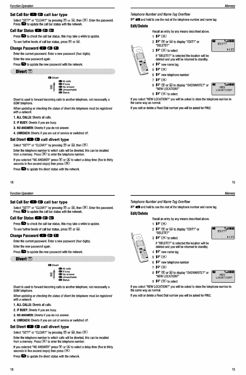 Set call bar fls call bar type, Call bar status (3, Change password fls @ b | Set divert fls e9 call divert type | Panasonic EB-G500 User Manual | Page 22 / 40