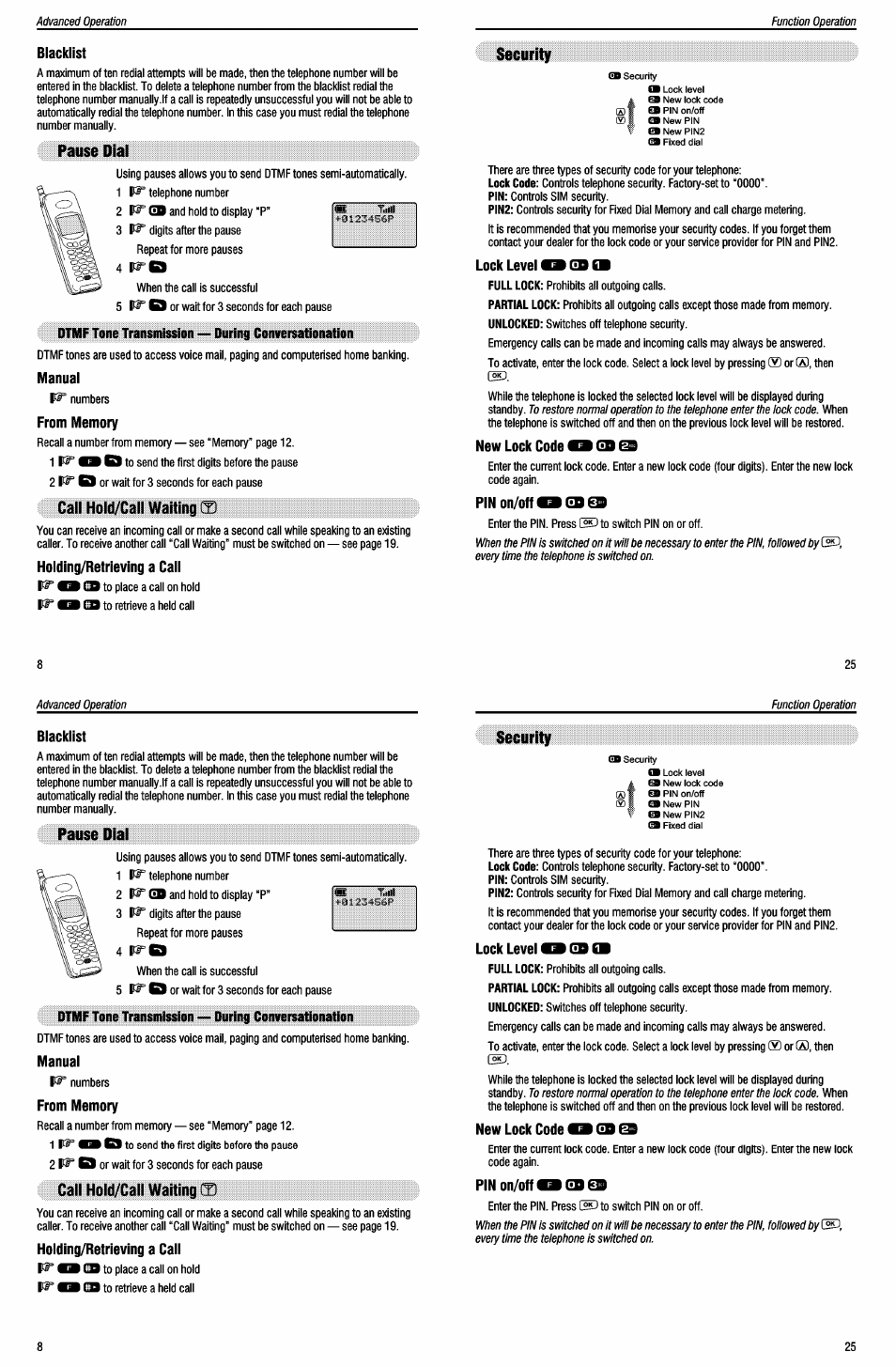 Lock level o, New lock code i, Pin on/off fls gb g9 | Panasonic EB-G500 User Manual | Page 29 / 40