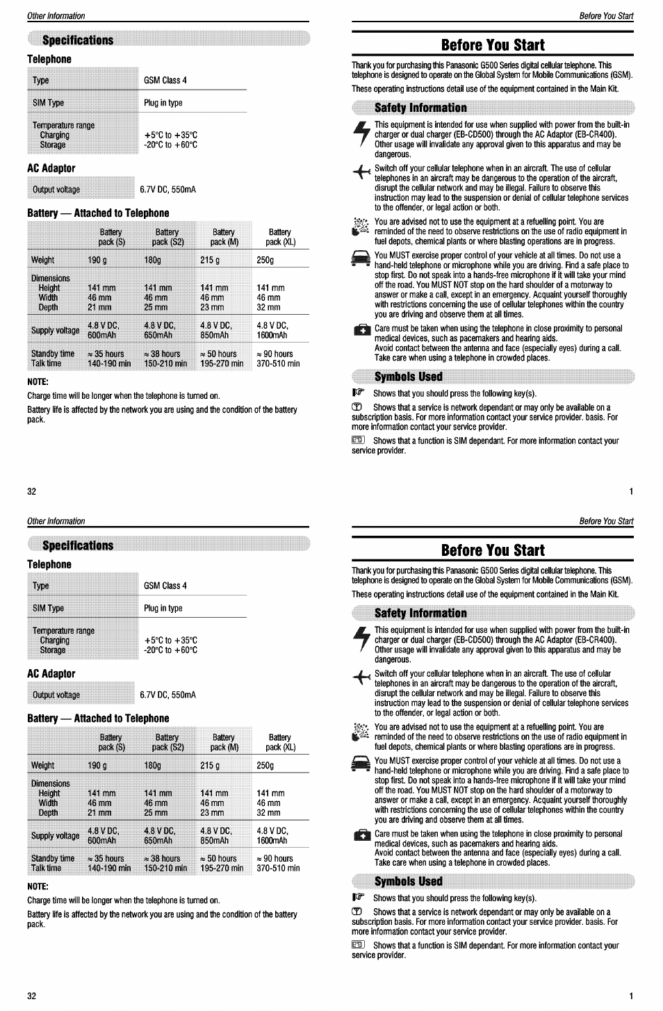 Telephone, Ac adaptor, Battery - attached to telephone | Panasonic EB-G500 User Manual | Page 36 / 40