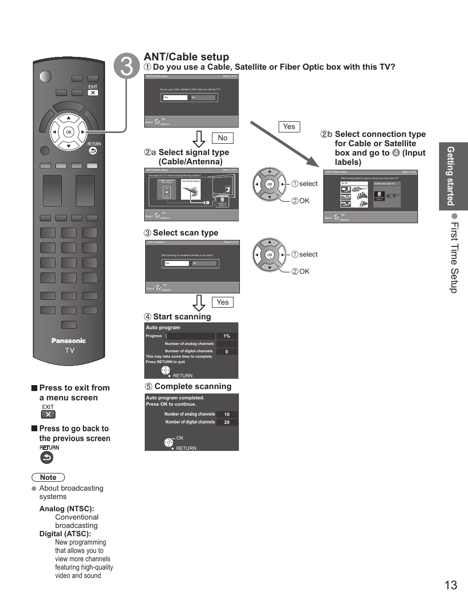 Ant/cable setup, First time setup, Getting started | Select signal type (cable/antenna), No yes yes, Select ok select ok | Panasonic TC-32LX44 User Manual | Page 13 / 52