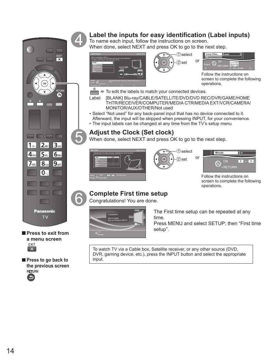 Adjust the clock (set clock), Complete first time setup, Select set | Panasonic TC-32LX44 User Manual | Page 14 / 52