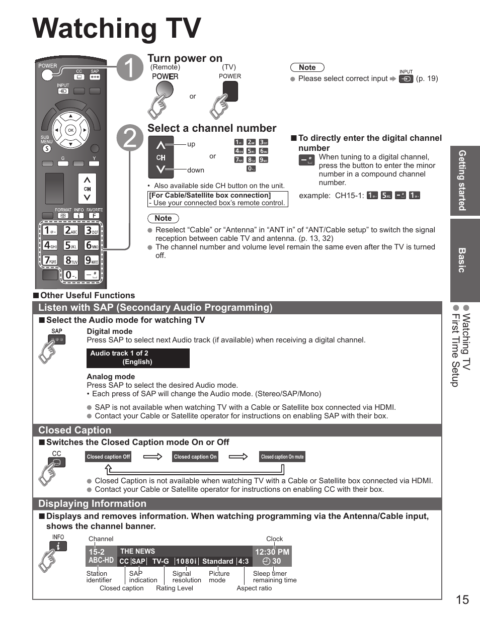 Watching tv, F (p. 15), Turn power on | Select a channel number, First time setup | Panasonic TC-32LX44 User Manual | Page 15 / 52