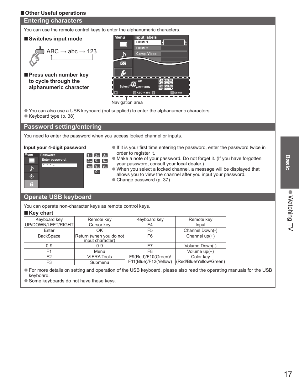 Watching tv, Entering characters, Password setting/entering | Operate usb keyboard, Basic, Abc → abc → 123 | Panasonic TC-32LX44 User Manual | Page 17 / 52