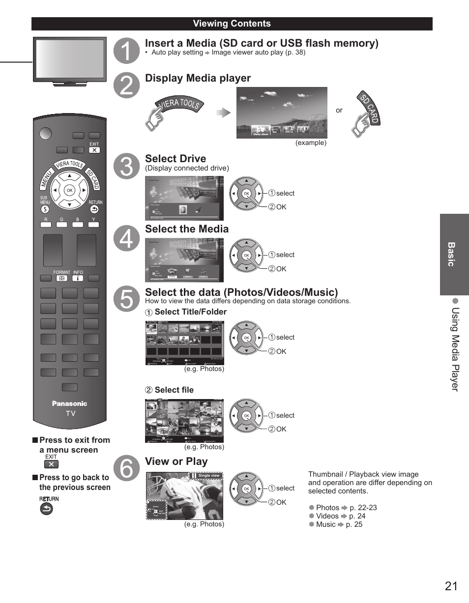 Display media player, Select drive, Select the media | Select the data (photos/videos/music), View or play, Using media player, Basic, Viewing contents, Press to exit from a menu screen, Press to go back to the previous screen | Panasonic TC-32LX44 User Manual | Page 21 / 52