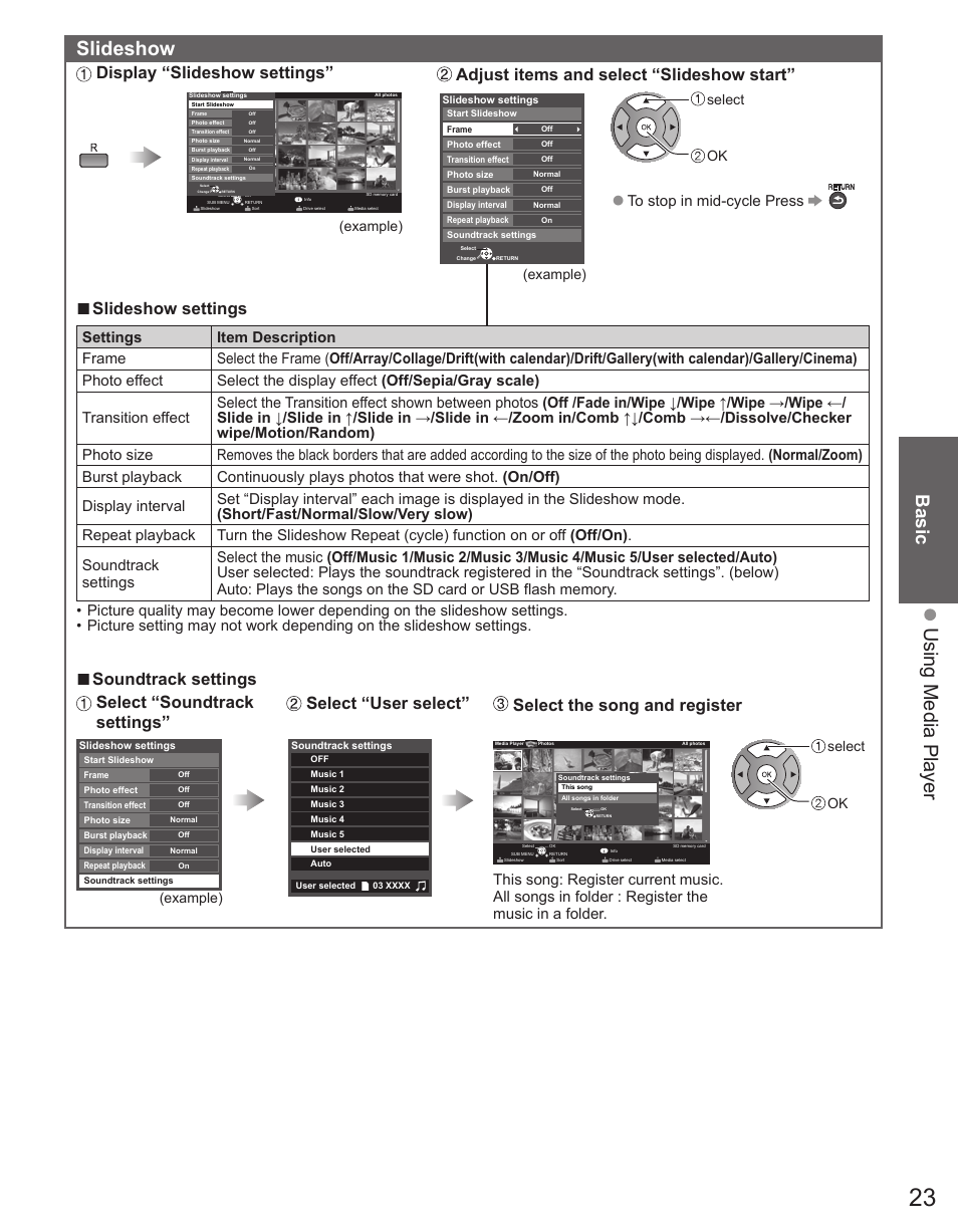 Using media player slideshow, Basic, Display “slideshow settings | Adjust items and select “slideshow start, Slideshow settings, Example), Select ok | Panasonic TC-32LX44 User Manual | Page 23 / 52