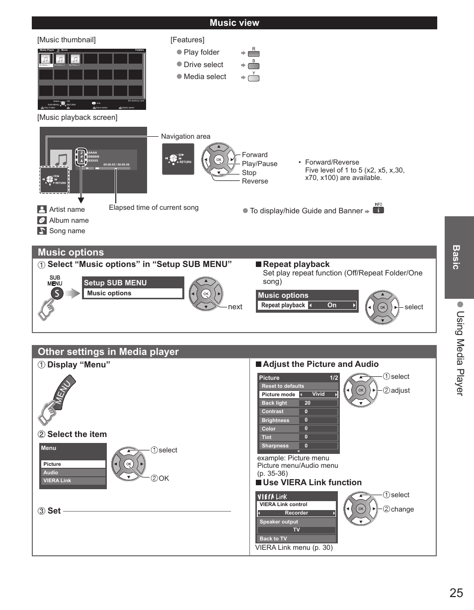 P. 25, Using media player, Music options | Other settings in media player, Basic, Music view, Select “music options” in “setup sub menu, Repeat playback, Display “menu, Select the item | Panasonic TC-32LX44 User Manual | Page 25 / 52