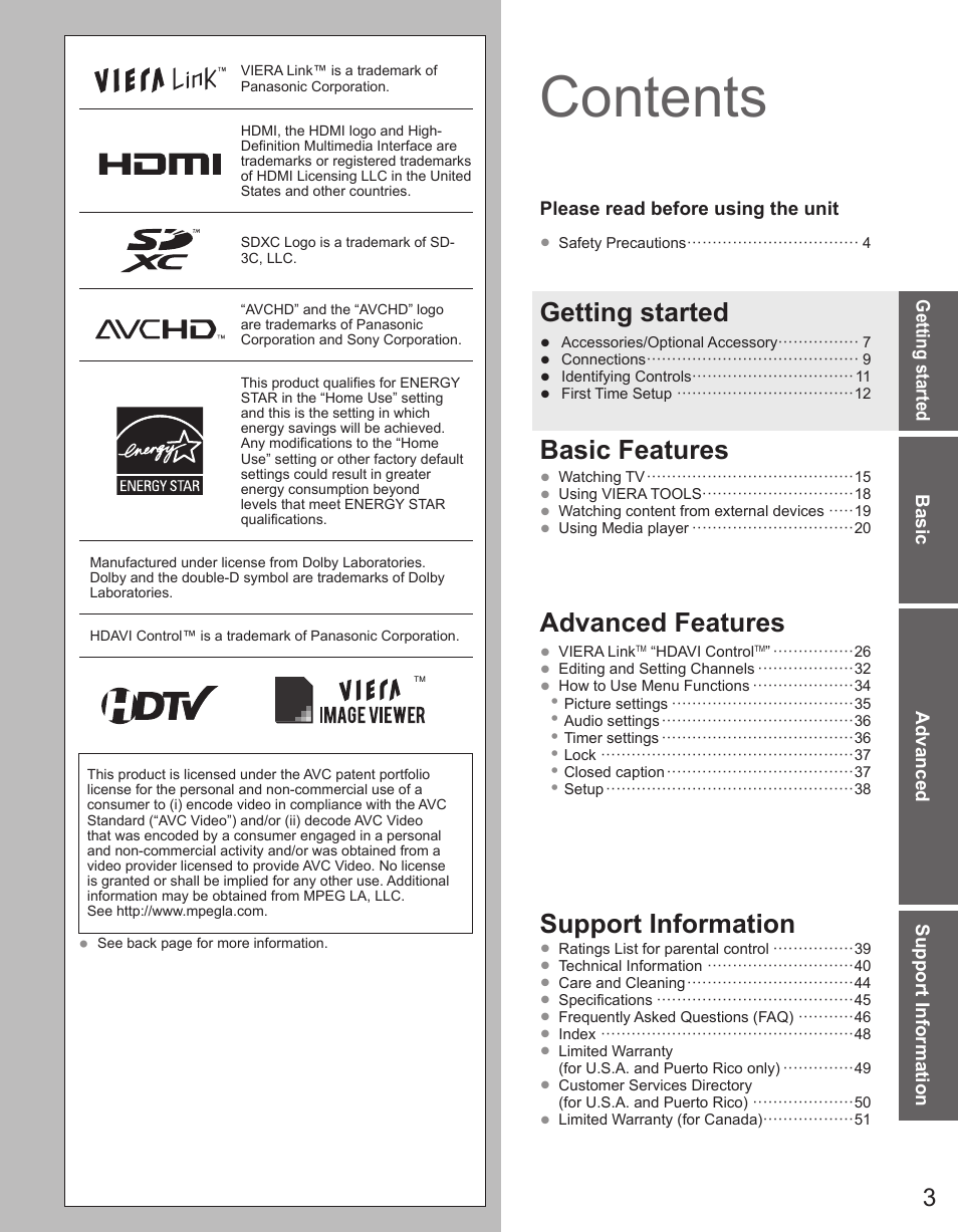 Panasonic TC-32LX44 User Manual | Page 3 / 52