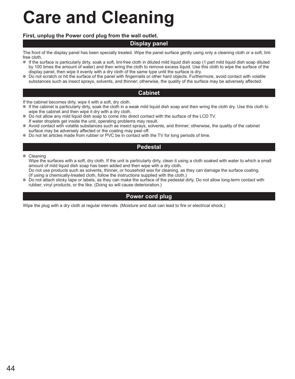 Care and cleaning | Panasonic TC-32LX44 User Manual | Page 44 / 52