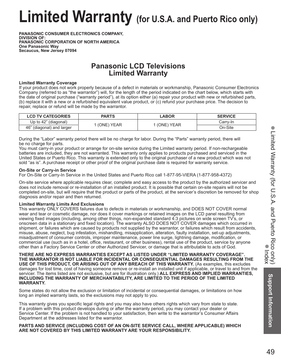 Limited warranty (for u.s.a. and puerto rico only), Limited warranty, For u.s.a. and puerto rico only) | Panasonic lcd televisions limited warranty, Index | Panasonic TC-32LX44 User Manual | Page 49 / 52