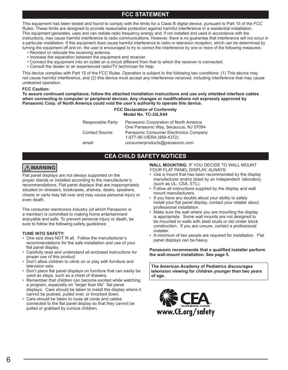 Cea child safety notices, Fcc statement | Panasonic TC-32LX44 User Manual | Page 6 / 52