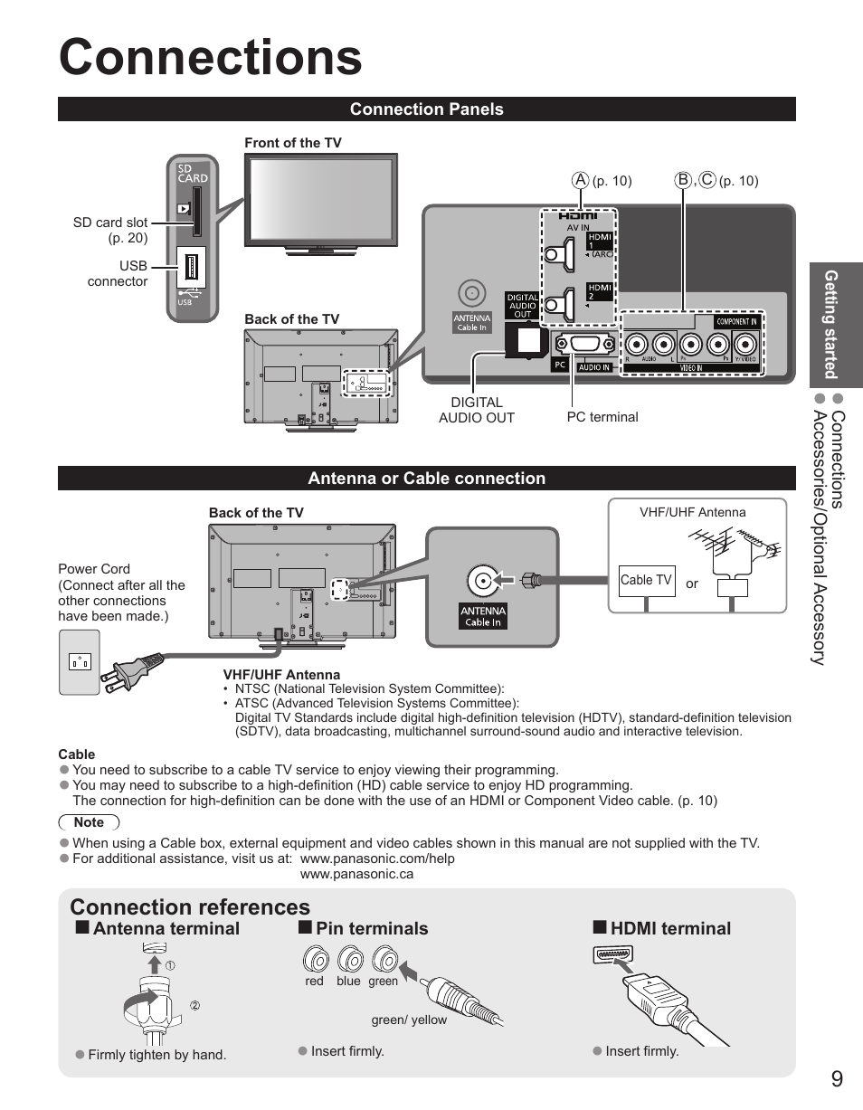 Connections, Connection references | Panasonic TC-32LX44 User Manual | Page 9 / 52
