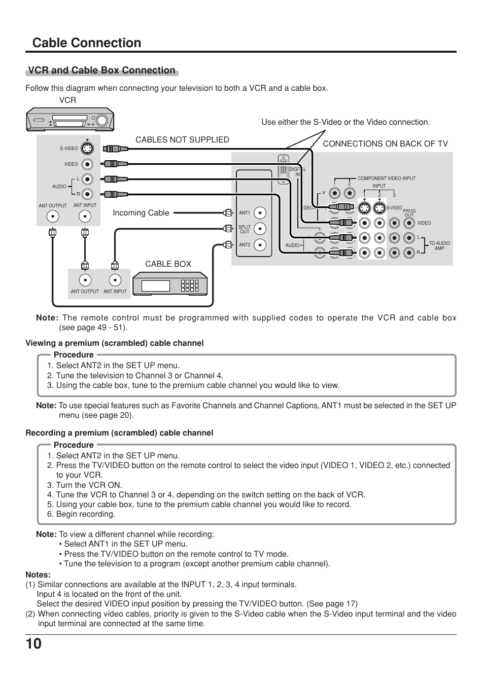 Cable connection, Vcr and cable box connection | Panasonic CT 34WX53 User Manual | Page 10 / 64
