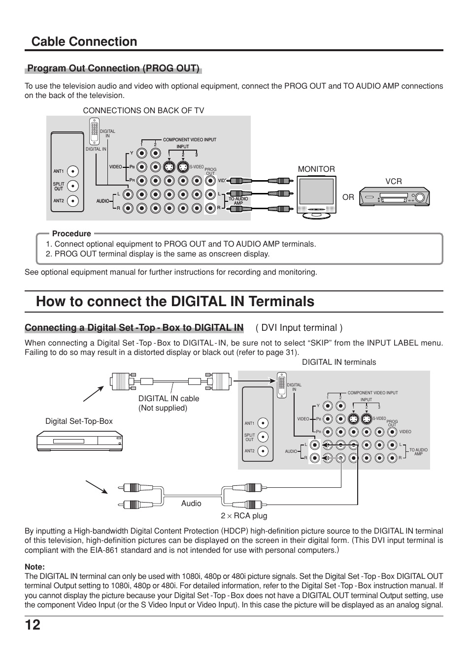 How to connect the digital in terminals, Cable connection, Program out connection (prog out) | Connecting a digital set -top - box to digital in, Dvi input terminal ) | Panasonic CT 34WX53 User Manual | Page 12 / 64
