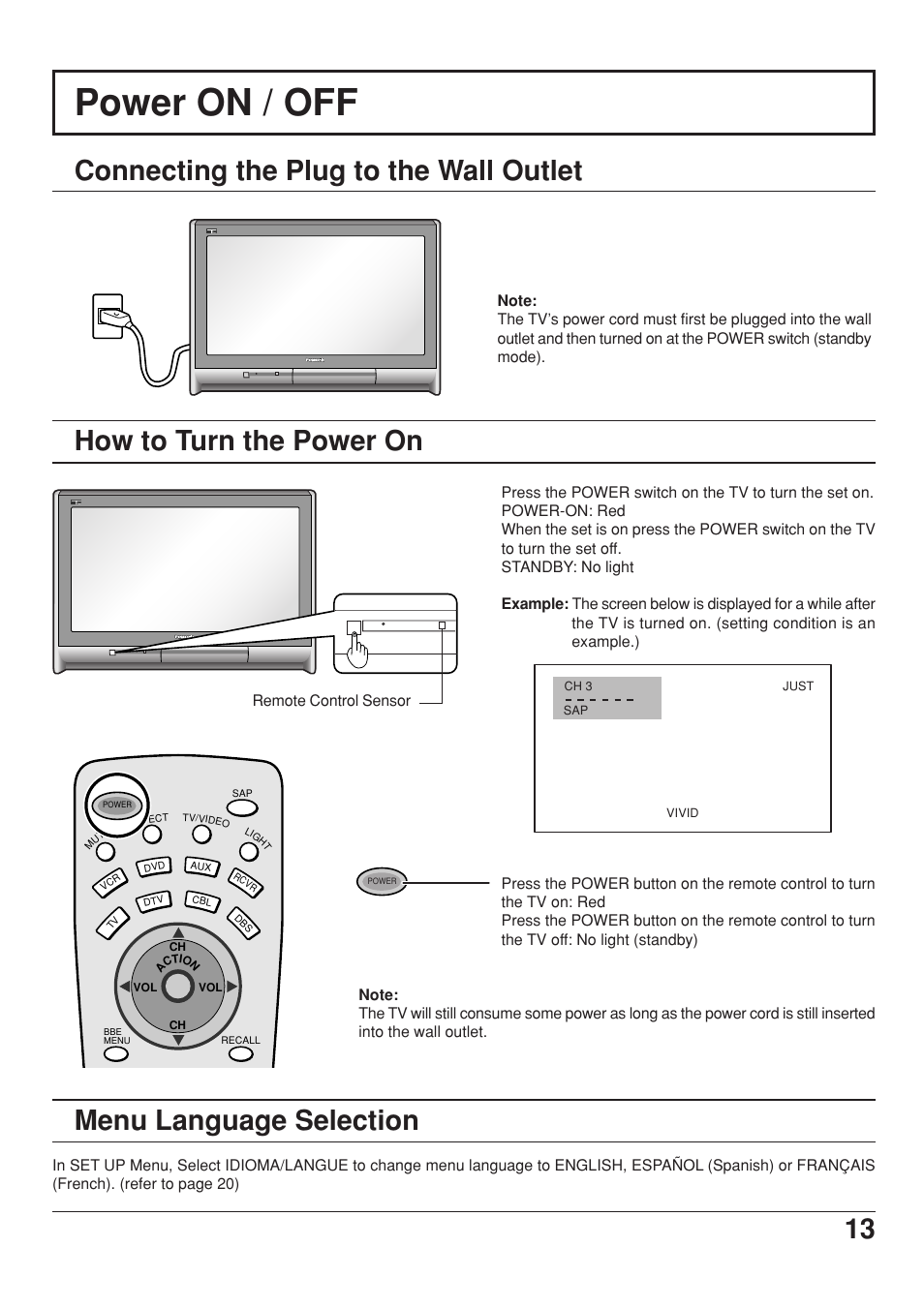 Power on / off, Connecting the plug to the wall outlet, How to turn the power on | Menu language selection | Panasonic CT 34WX53 User Manual | Page 13 / 64