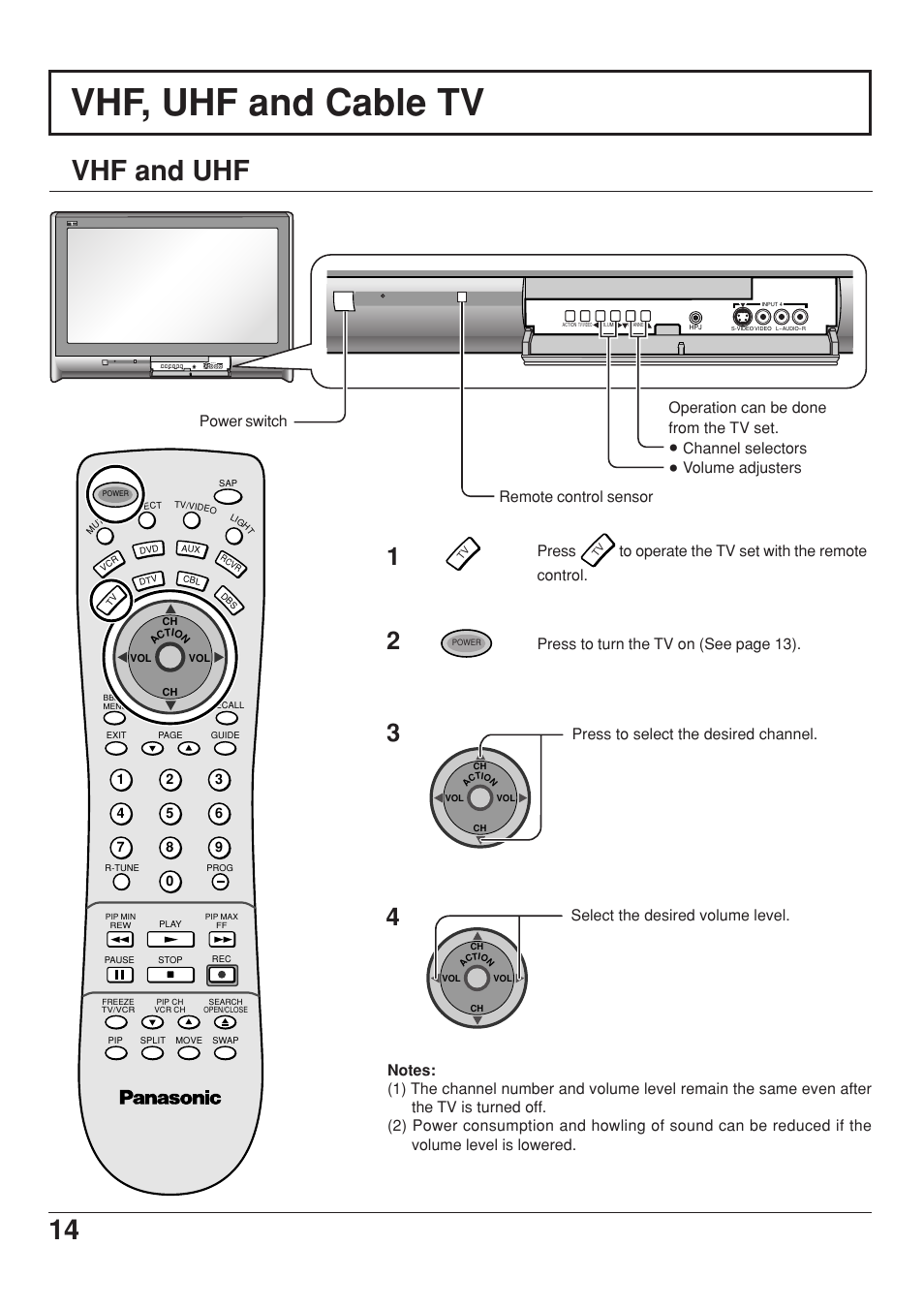 Vhf, uhf and cable tv, Vhf and uhf, Press to turn the tv on (see page 13). press | Channel selectors, Volume adjusters | Panasonic CT 34WX53 User Manual | Page 14 / 64