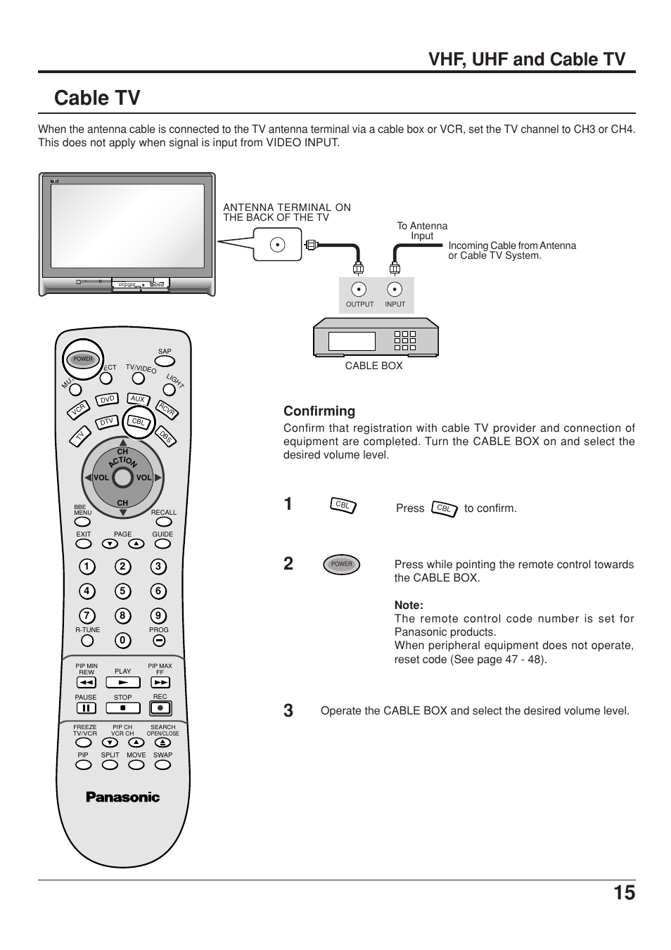 Cable tv, Vhf, uhf and cable tv, Confirming | Press | Panasonic CT 34WX53 User Manual | Page 15 / 64