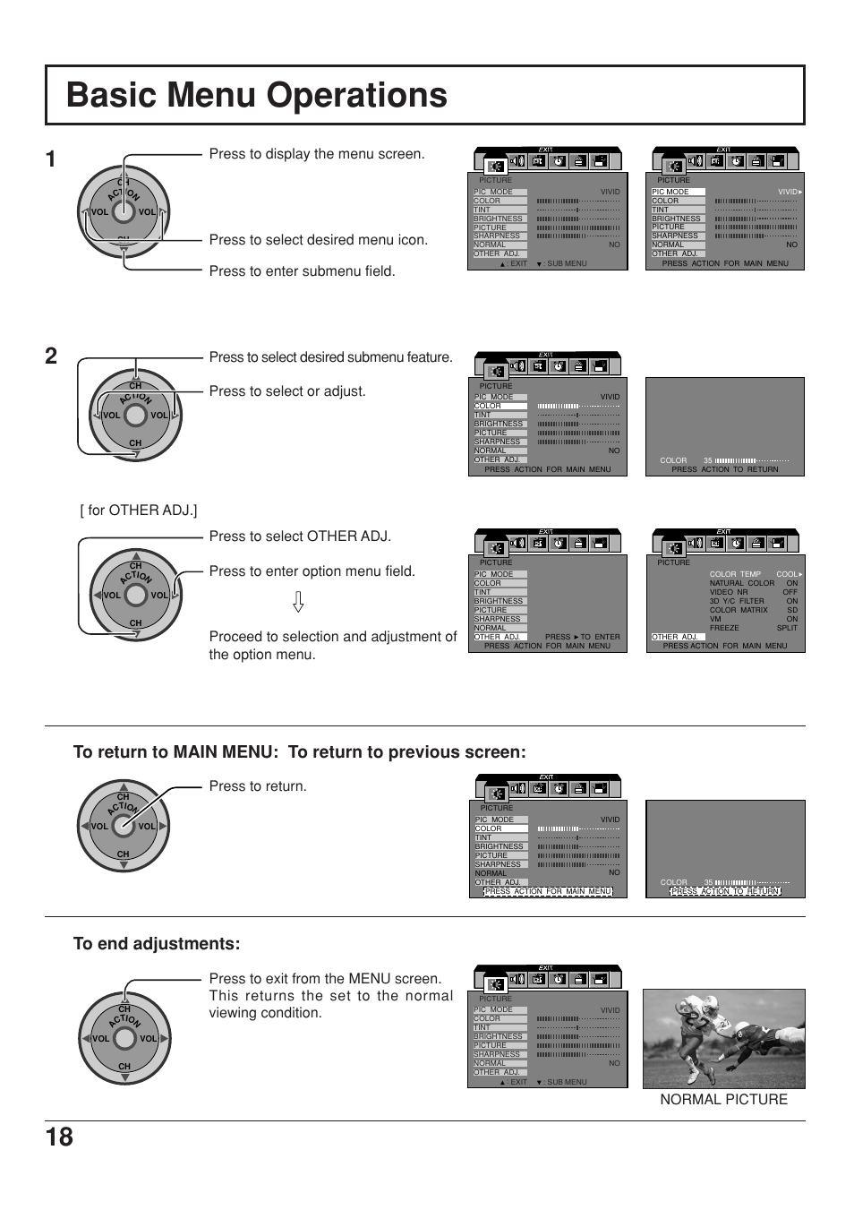 Basic menu operations, Press to return, Normal picture | Panasonic CT 34WX53 User Manual | Page 18 / 64