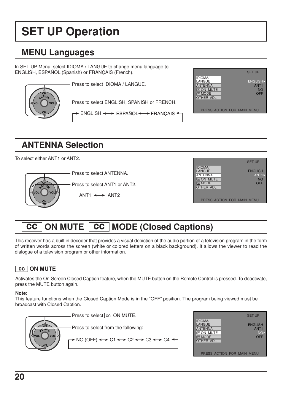 Set up operation, Menu languages, Antenna selection | Cc] on mute [cc] mode (closed captions), On mute, Mode (closed captions), Cc on mute | Panasonic CT 34WX53 User Manual | Page 20 / 64