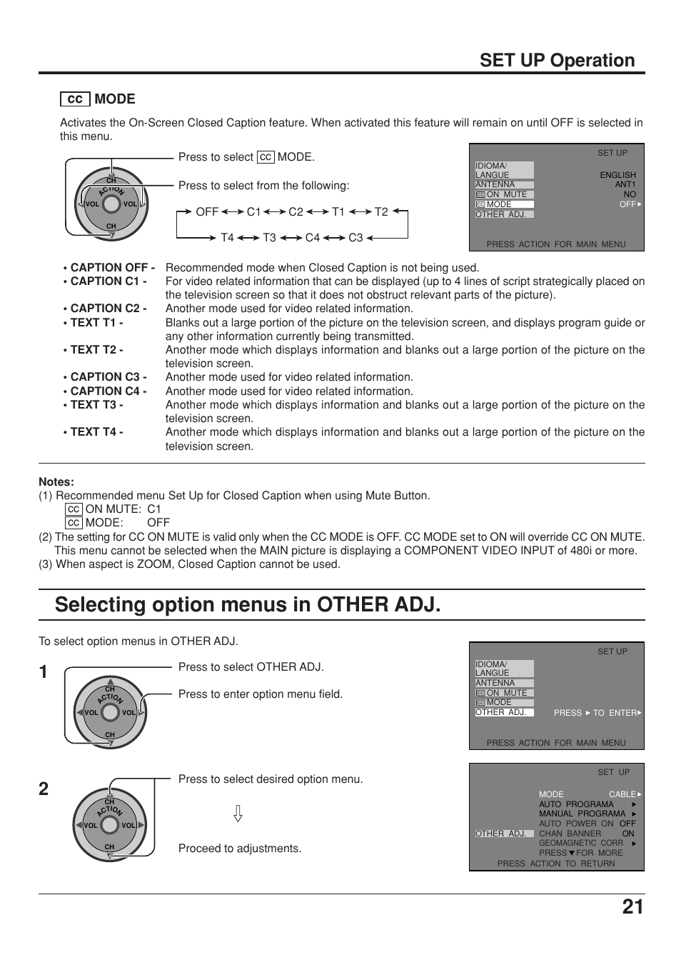 Selecting option menus in other adj, Set up operation, Cc mode | Panasonic CT 34WX53 User Manual | Page 21 / 64