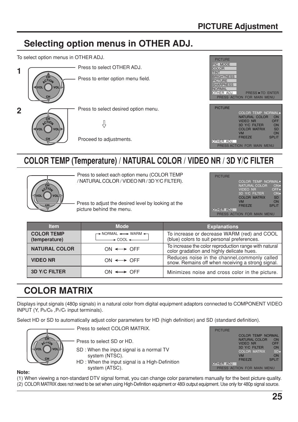 Selecting option menus in other adj, Color matrix, 25 color matrix | Picture adjustment | Panasonic CT 34WX53 User Manual | Page 25 / 64