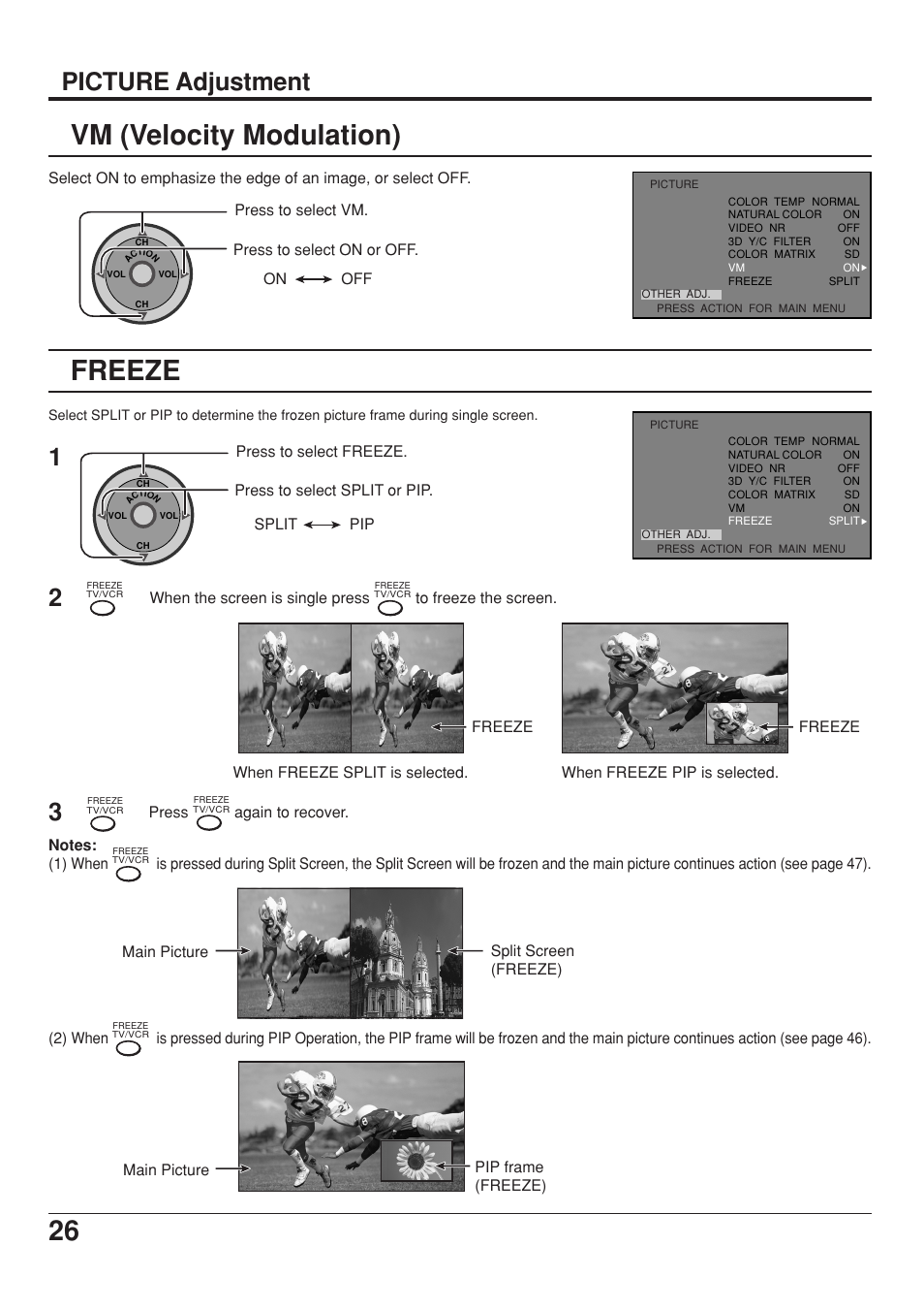 Vm (velocity modulation), Freeze, 26 freeze | Picture adjustment | Panasonic CT 34WX53 User Manual | Page 26 / 64