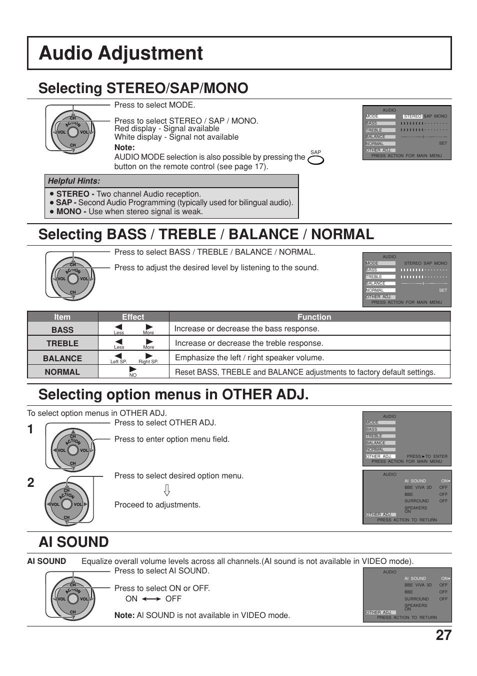 Audio adjustment, Selecting stereo/sap/mono, Selecting bass / treble / balance / normal | Selecting option menus in other adj, Ai sound, Button on the remote control (see page 17), Stereo - two channel audio reception | Panasonic CT 34WX53 User Manual | Page 27 / 64