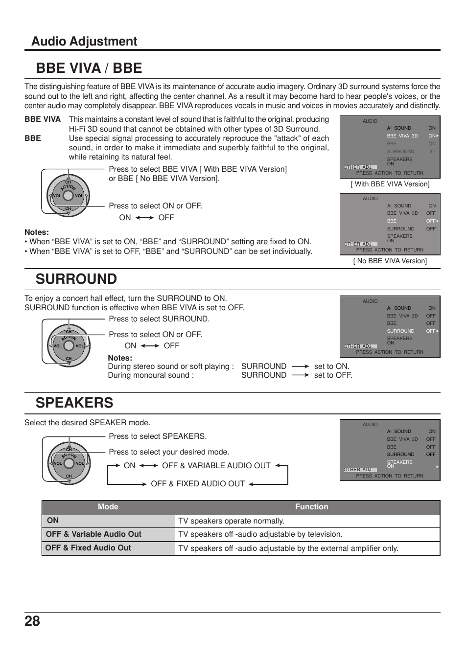 Bbe viva / bbe, Surround, Speakers | Audio adjustment, Select the desired speaker mode | Panasonic CT 34WX53 User Manual | Page 28 / 64