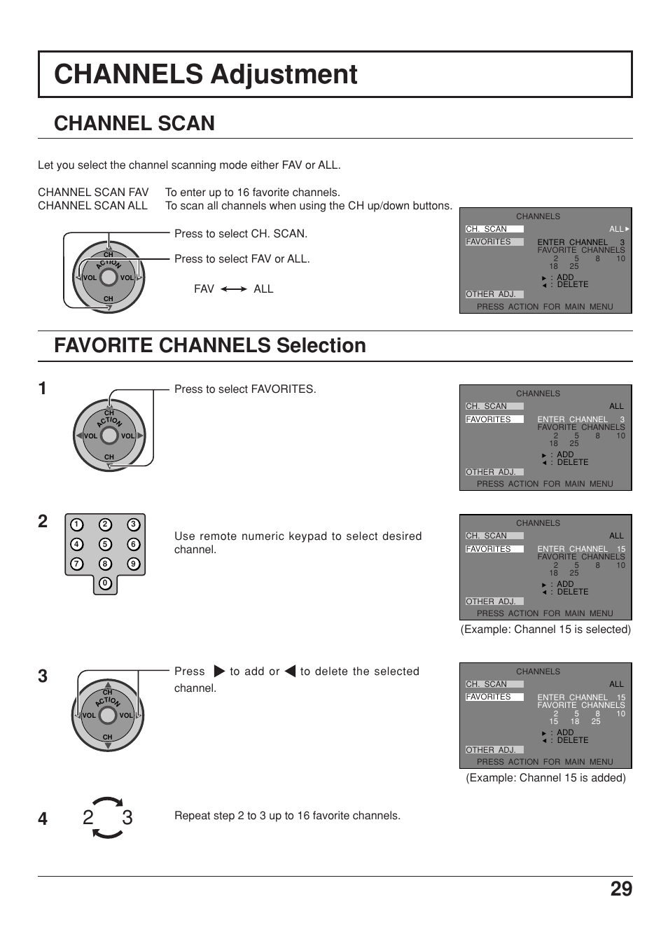 Channels adjustment, Channel scan, Favorite channels selection | 29 channel scan | Panasonic CT 34WX53 User Manual | Page 29 / 64