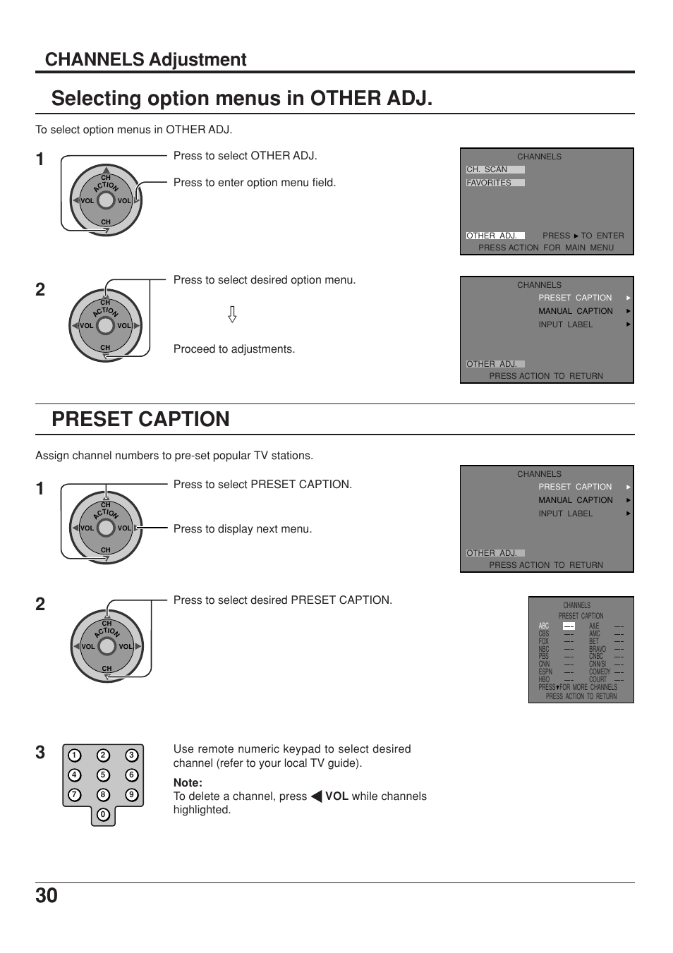 Selecting option menus in other adj, Preset caption, 30 selecting option menus in other adj | Channels adjustment | Panasonic CT 34WX53 User Manual | Page 30 / 64