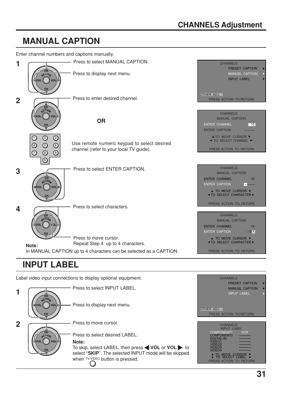 Manual caption, Input label, Channels adjustment | Enter channel numbers and captions manually, Press to enter desired channel, Press to select enter caption, Press to select input label, Button is pressed, Press to display next menu | Panasonic CT 34WX53 User Manual | Page 31 / 64