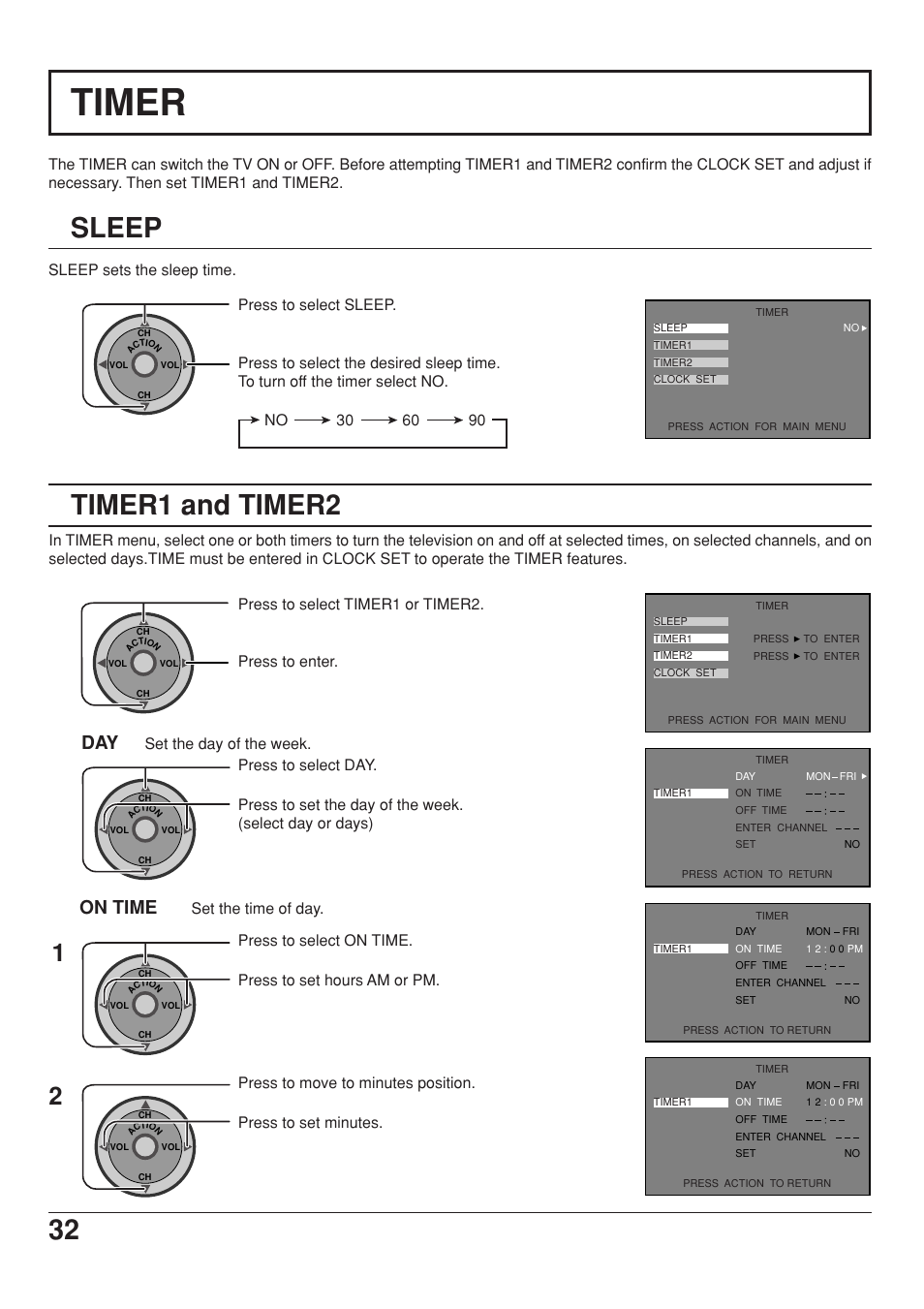 Timer, Sleep, Timer1 and timer2 | On time, Sleep sets the sleep time, Press to select timer1 or timer2. press to enter, Set the day of the week, Set the time of day | Panasonic CT 34WX53 User Manual | Page 32 / 64
