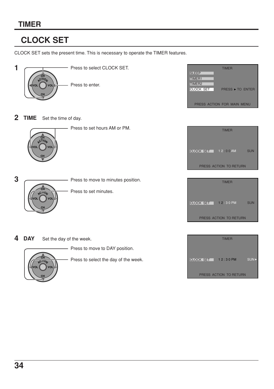 Clock set, 34 clock set, Timer | Time | Panasonic CT 34WX53 User Manual | Page 34 / 64