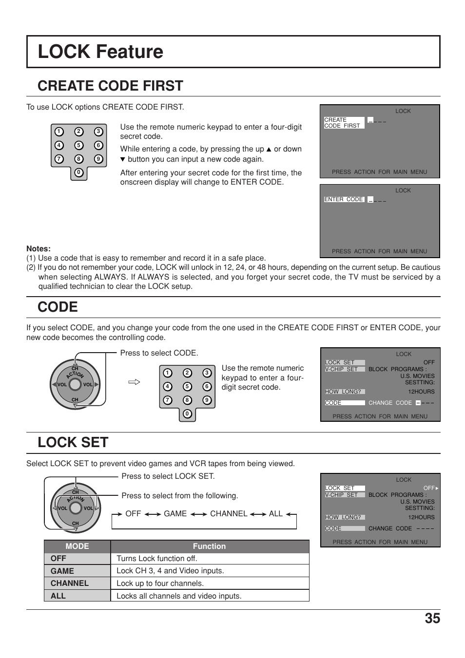 Lock feature, Create code first, Code | Lock set | Panasonic CT 34WX53 User Manual | Page 35 / 64