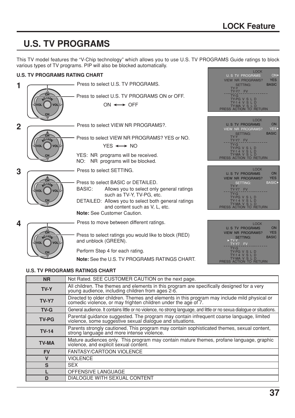 U.s. tv programs, 37 u.s. tv programs, Lock feature | Panasonic CT 34WX53 User Manual | Page 37 / 64